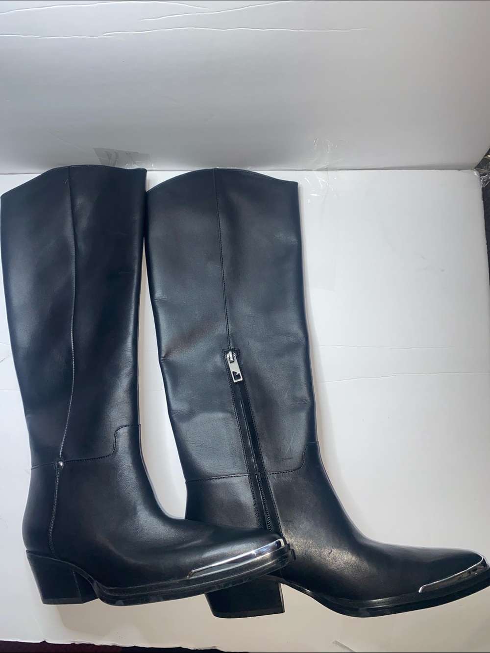 Franco Sarto Black Leather Knee-High Boots with Silver Toe Cap